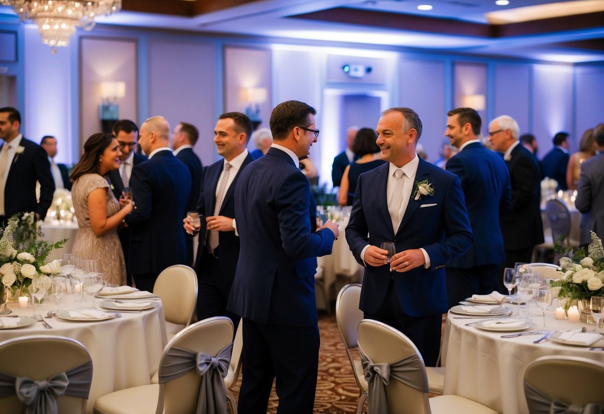 Guests in formal attire mingle in a tastefully decorated venue with soft lighting and elegant table settings