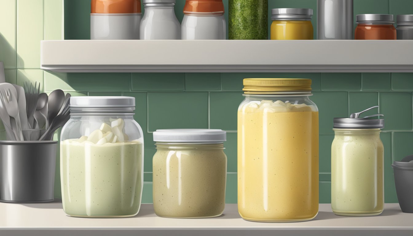 A jar of expired tartar sauce sits on a cluttered kitchen shelf next to other neglected condiments