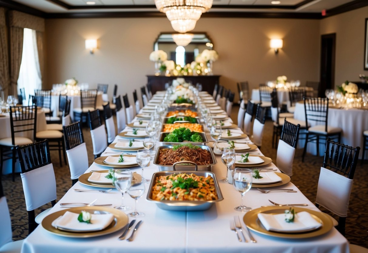 Tables set with elegant place settings, a buffet of gourmet dishes, and a beautifully decorated venue for a rehearsal dinner celebration