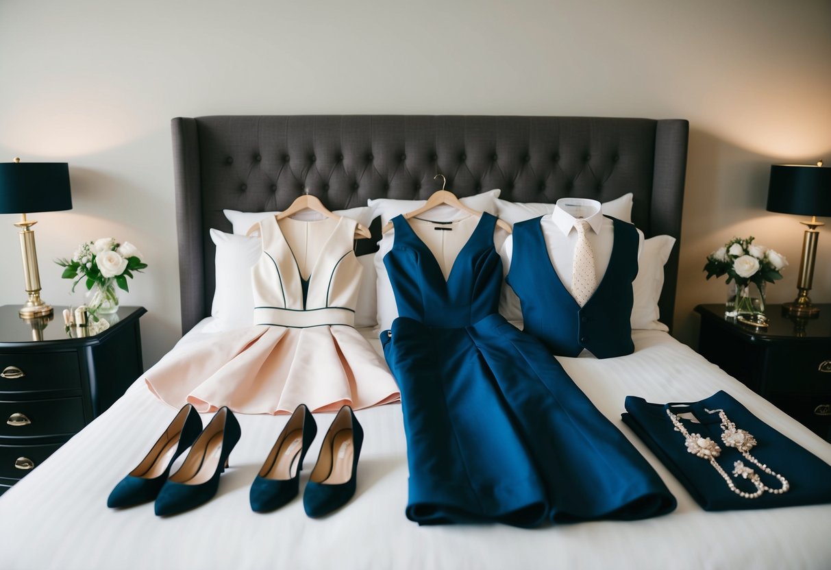 A group of elegant outfits laid out on a bed, including formal dresses and suits, with shoes and accessories neatly arranged nearby