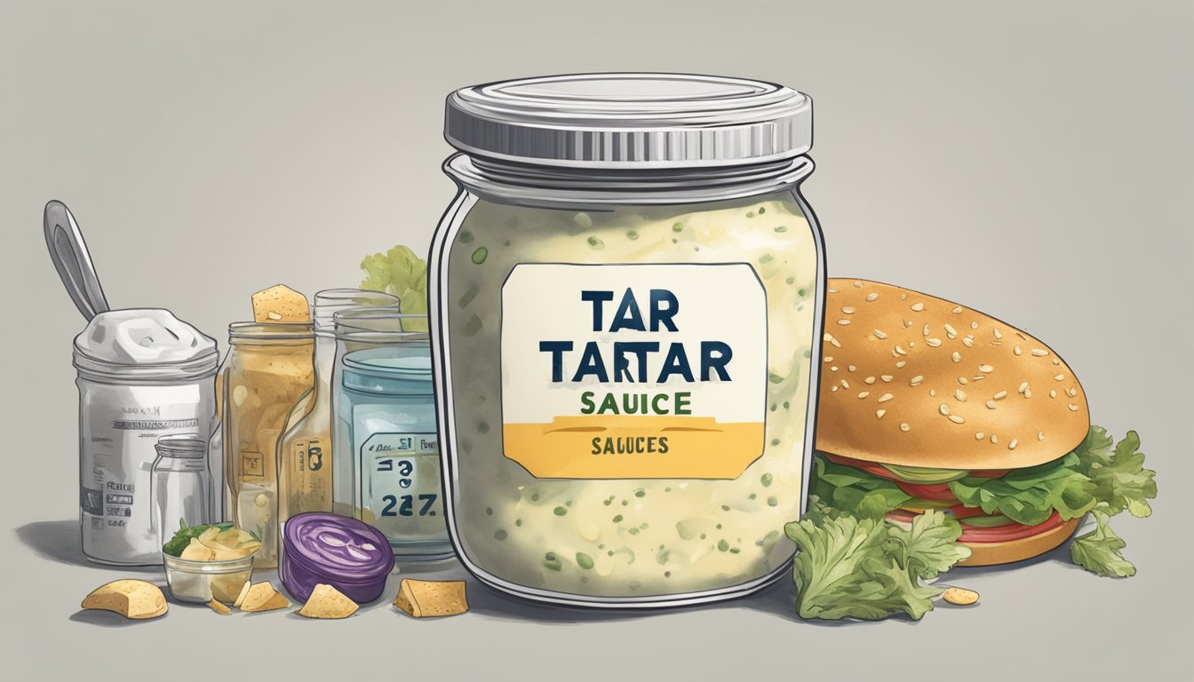 A jar of tartar sauce with a visible expiration date, surrounded by spoiled and discolored food items