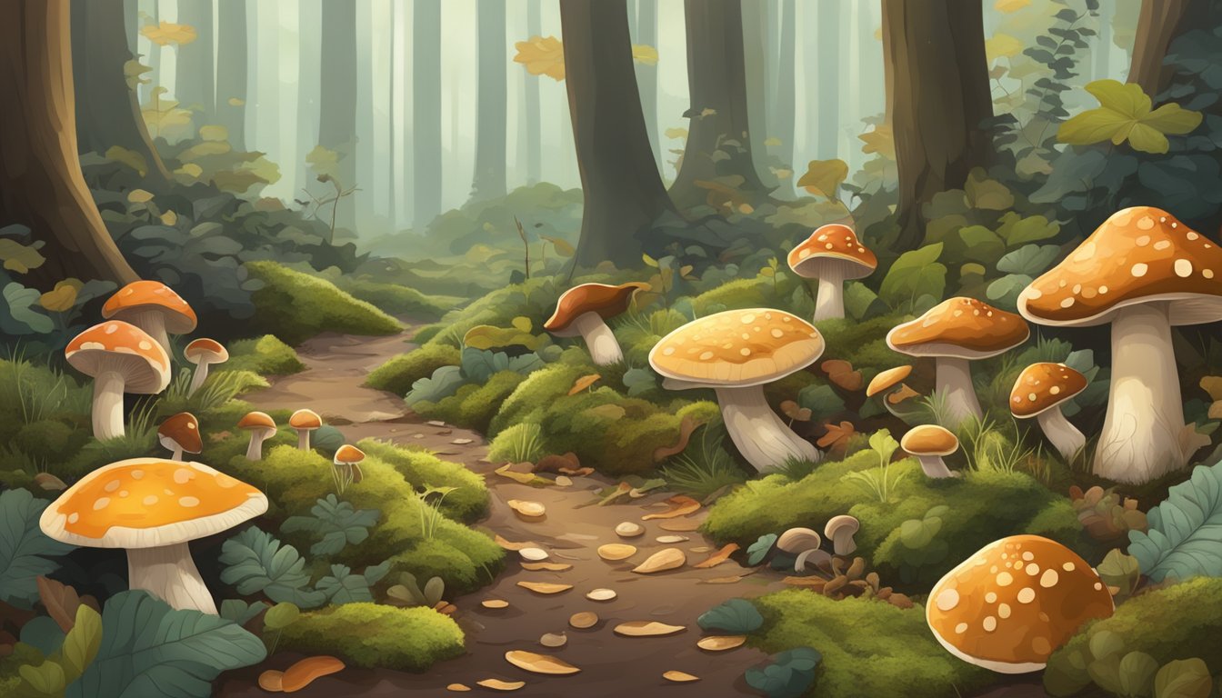 A forest floor with various types of fungi and mushrooms growing among fallen leaves and moss