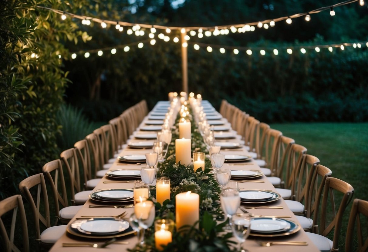 A long banquet table set with elegant place settings and flickering candlelight, surrounded by lush greenery and soft string lights
