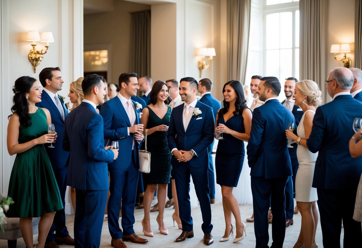 A group of stylishly dressed individuals gather in an elegant setting, with men in suits and women in cocktail dresses, chatting and mingling in anticipation of a wedding rehearsal