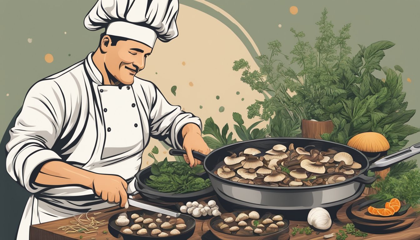 A chef slicing and sautéing a variety of mushrooms in a sizzling pan, surrounded by fresh herbs and spices