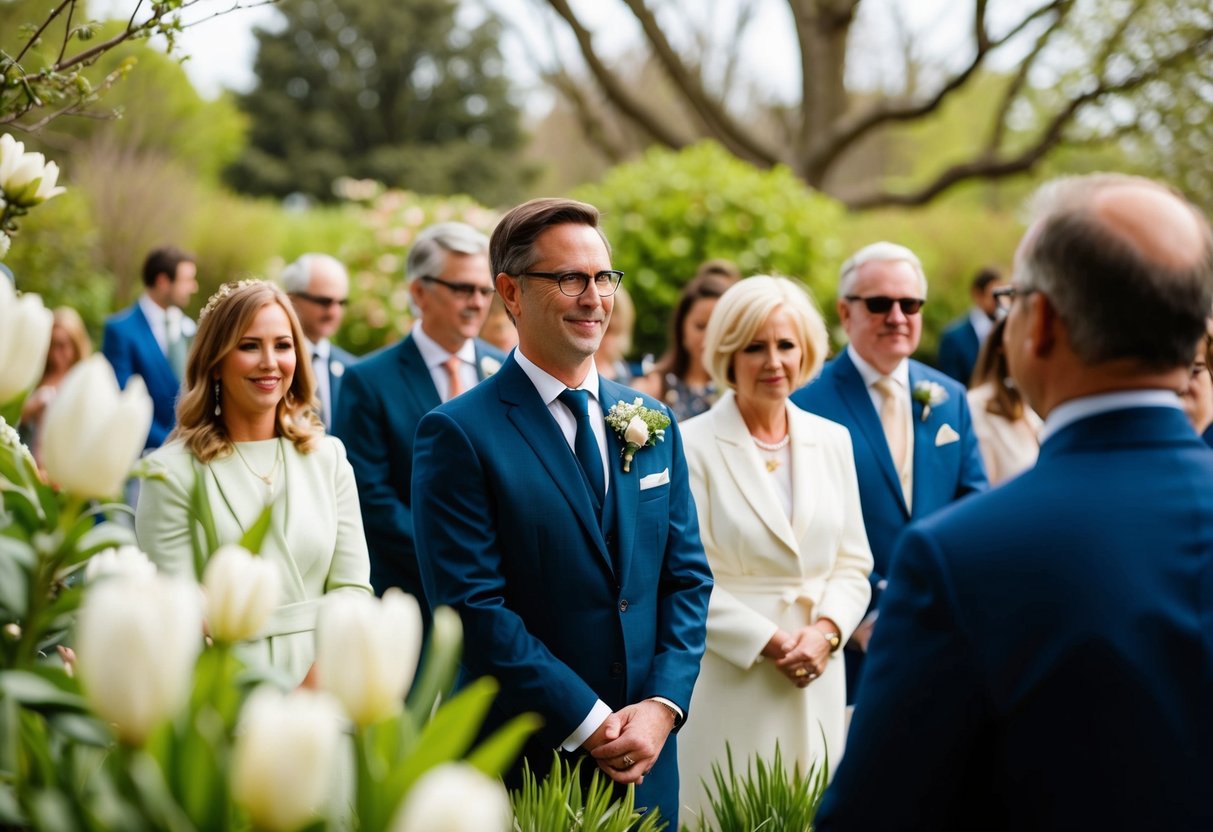 A garden wedding rehearsal in spring, with guests wearing semi-formal attire