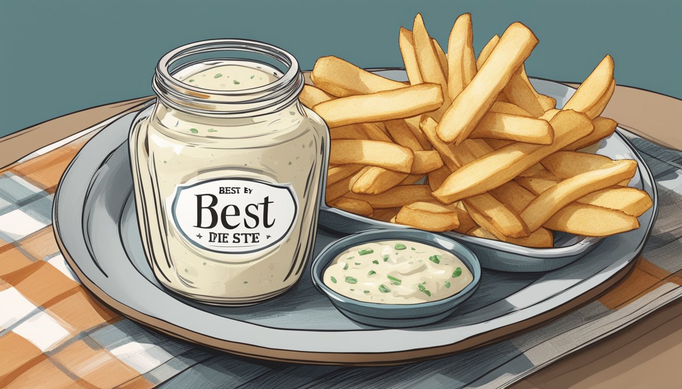 A jar of tartar sauce with a "best by" date passed, next to a plate of fish and chips