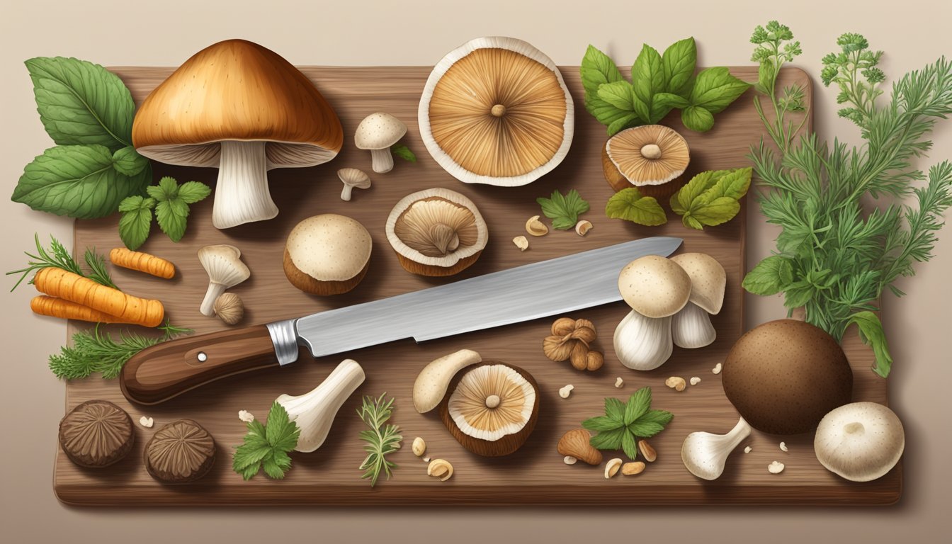 A variety of fungi, such as mushrooms and truffles, displayed on a wooden cutting board with a knife and a mix of fresh herbs and spices