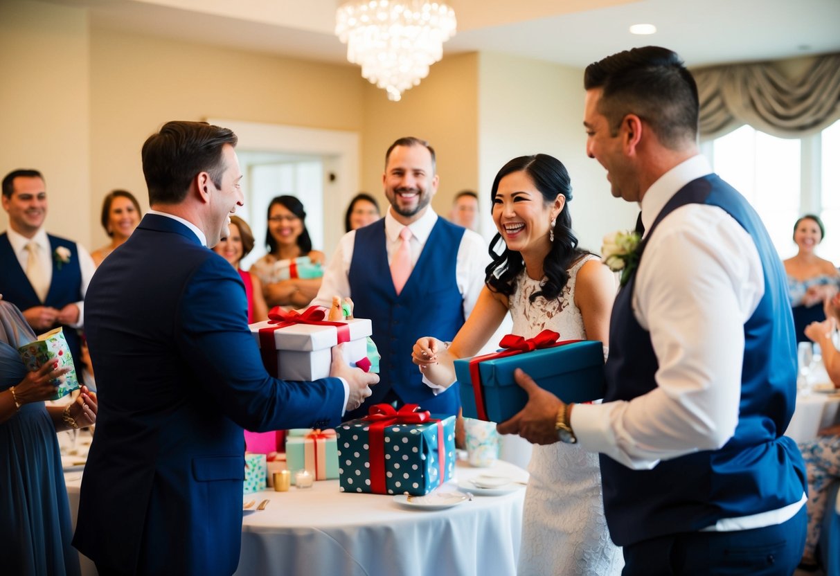 Guests bring gifts to the rehearsal dinner. The couple receives presents from family and friends. The room is filled with laughter and excitement