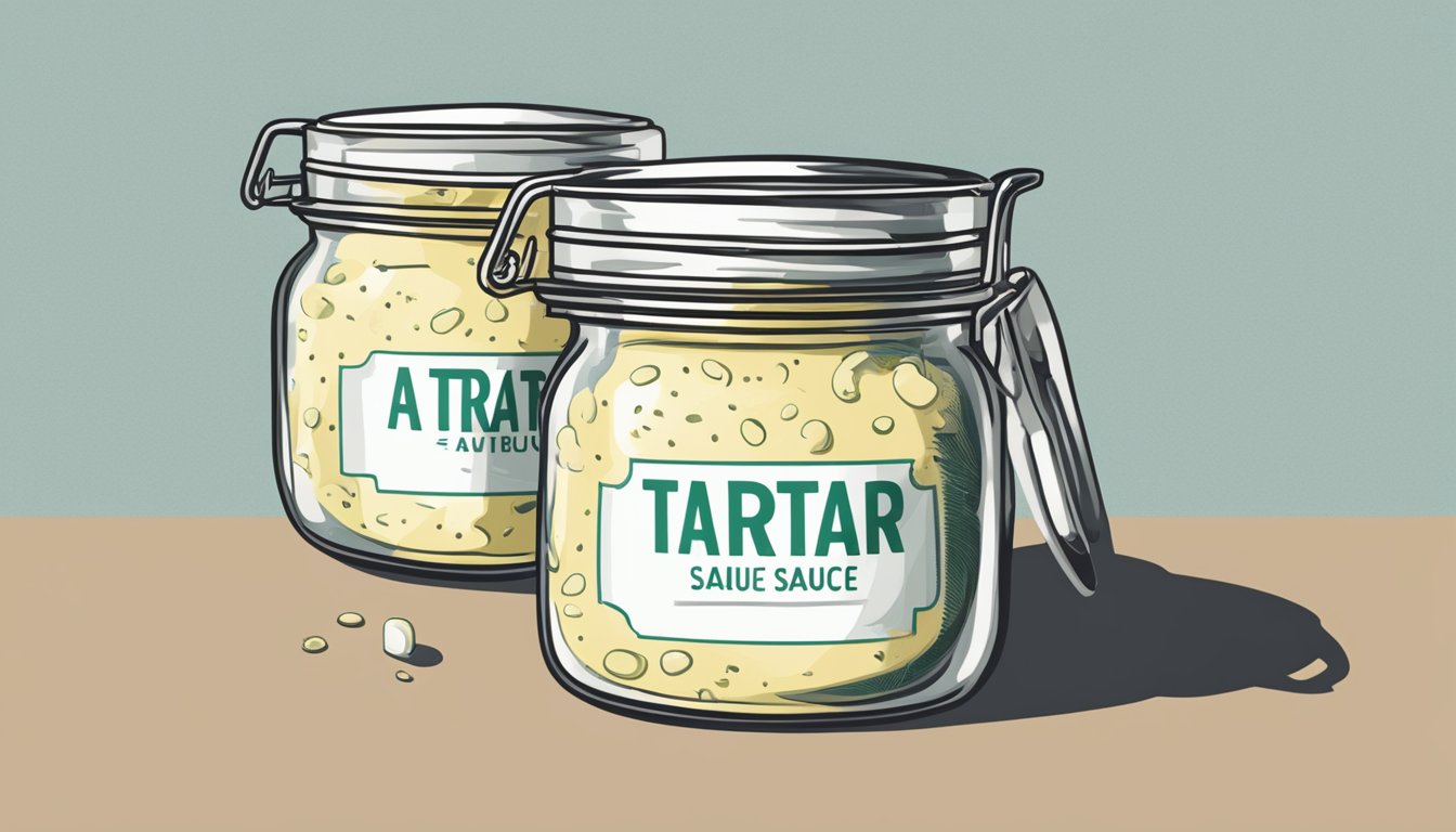 A jar of expired tartar sauce sits next to a fresh jar, with a question mark hovering above it