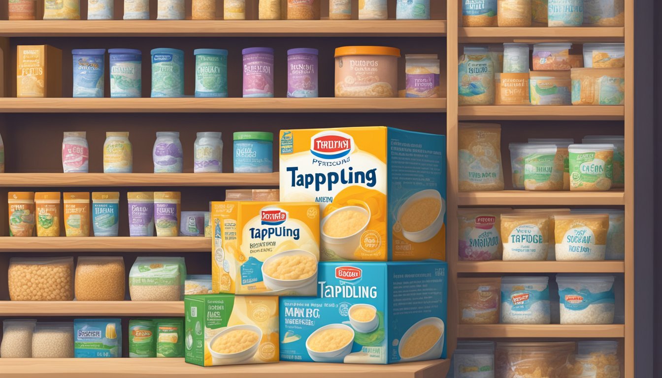 A sealed box of tapioca pudding mix sits on a pantry shelf, surrounded by other dry goods. The expiration date on the box has passed, but the mix appears unchanged and undisturbed