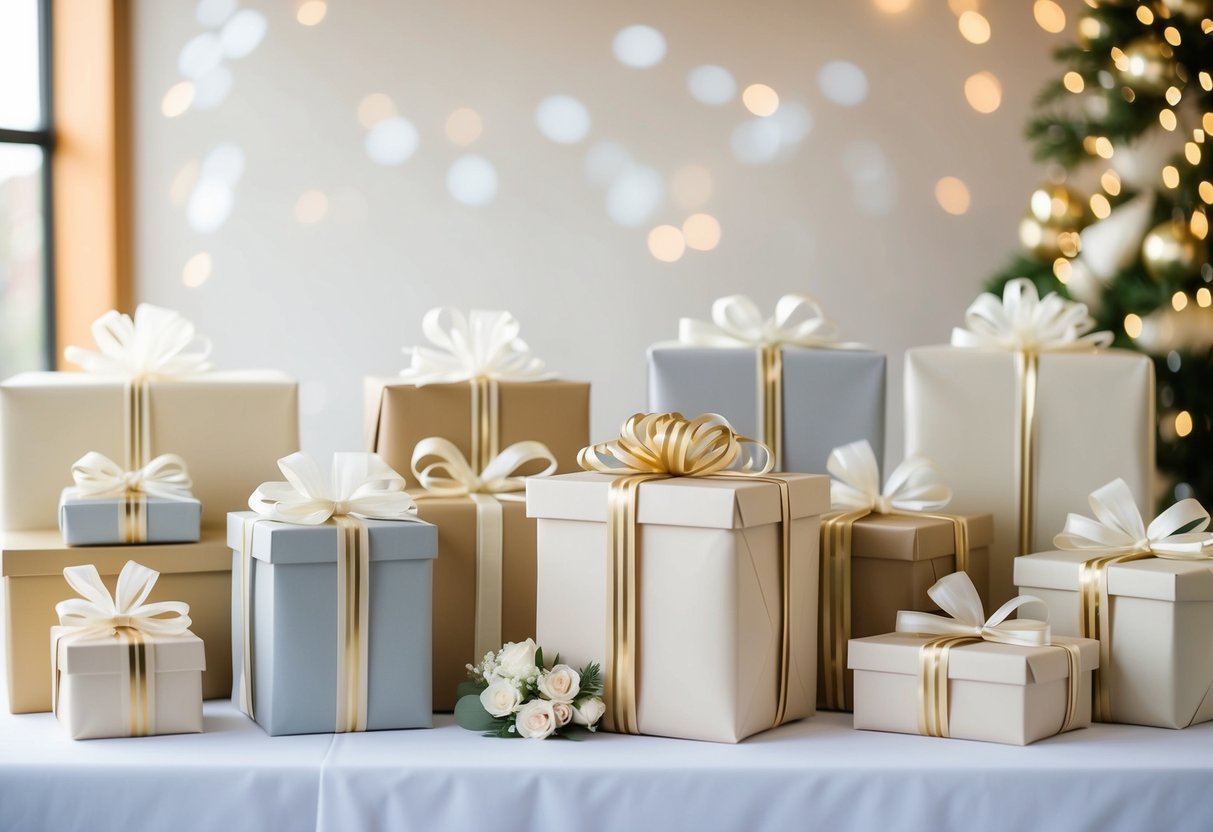 A table adorned with wedding gifts, wrapped in elegant paper and adorned with ribbons and bows