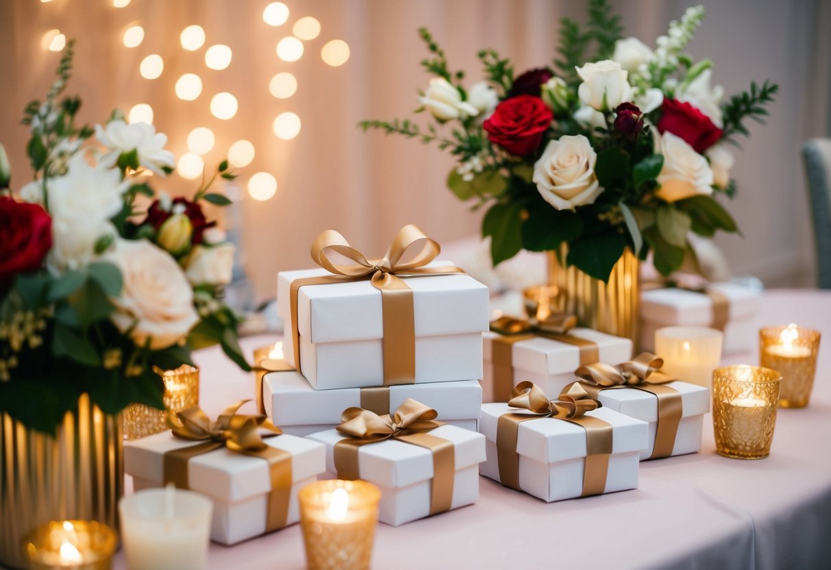 A table adorned with wedding gifts, surrounded by flowers and candles