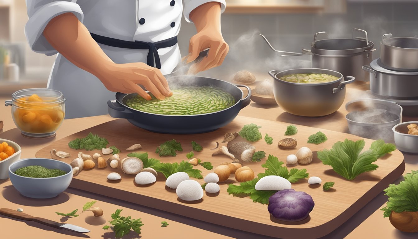 A chef carefully inspecting and slicing various types of fungi on a clean cutting board, with a pot of boiling water and a steaming basket in the background