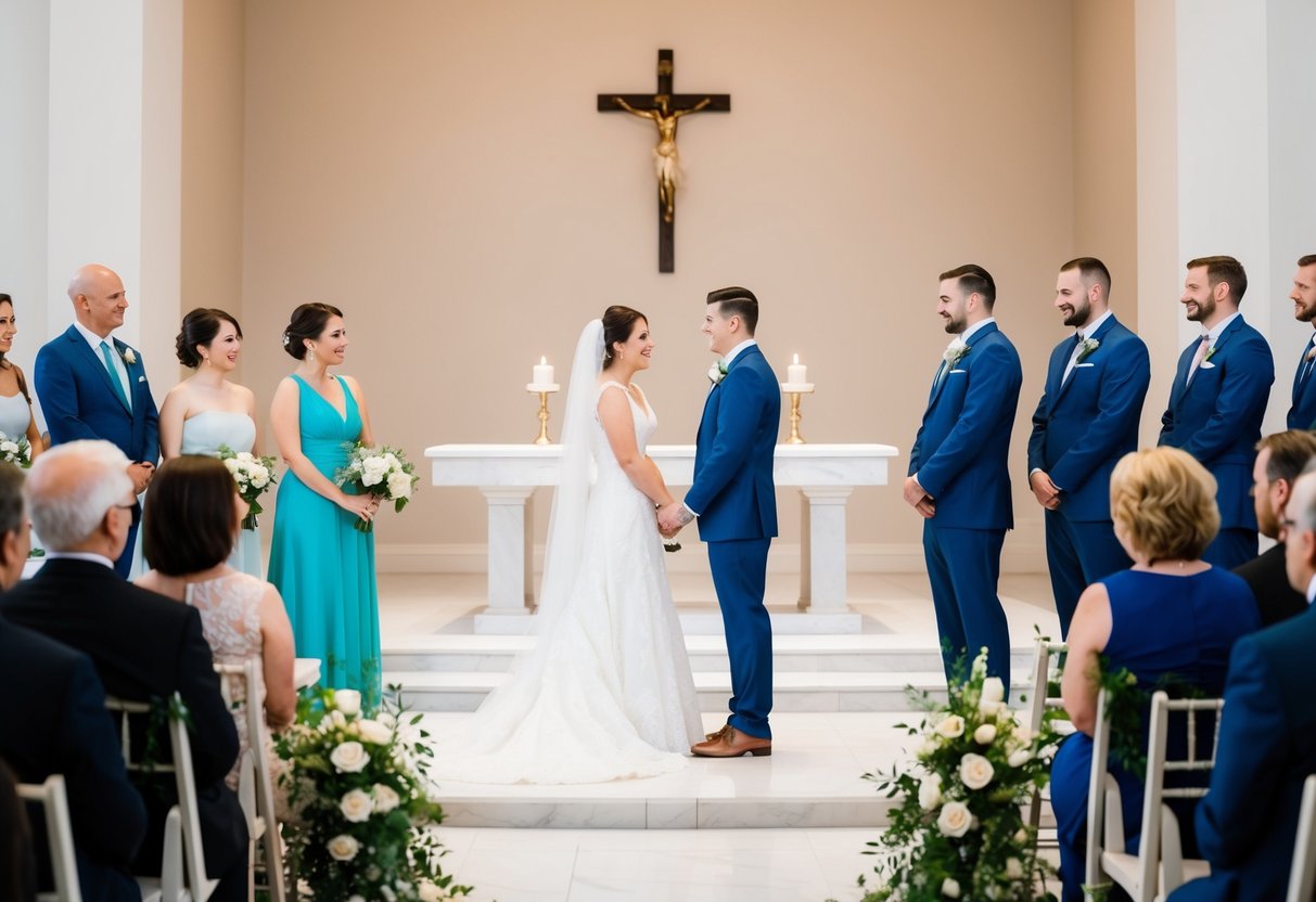 A bride and groom stand before an empty altar, surrounded by family and friends, exchanging vows without a rehearsal