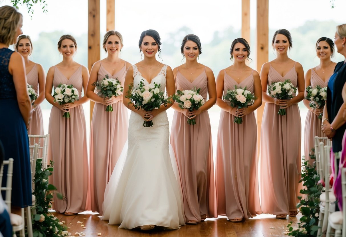 Bridesmaids stand in a row, holding bouquets, as they practice walking down the aisle during a wedding rehearsal
