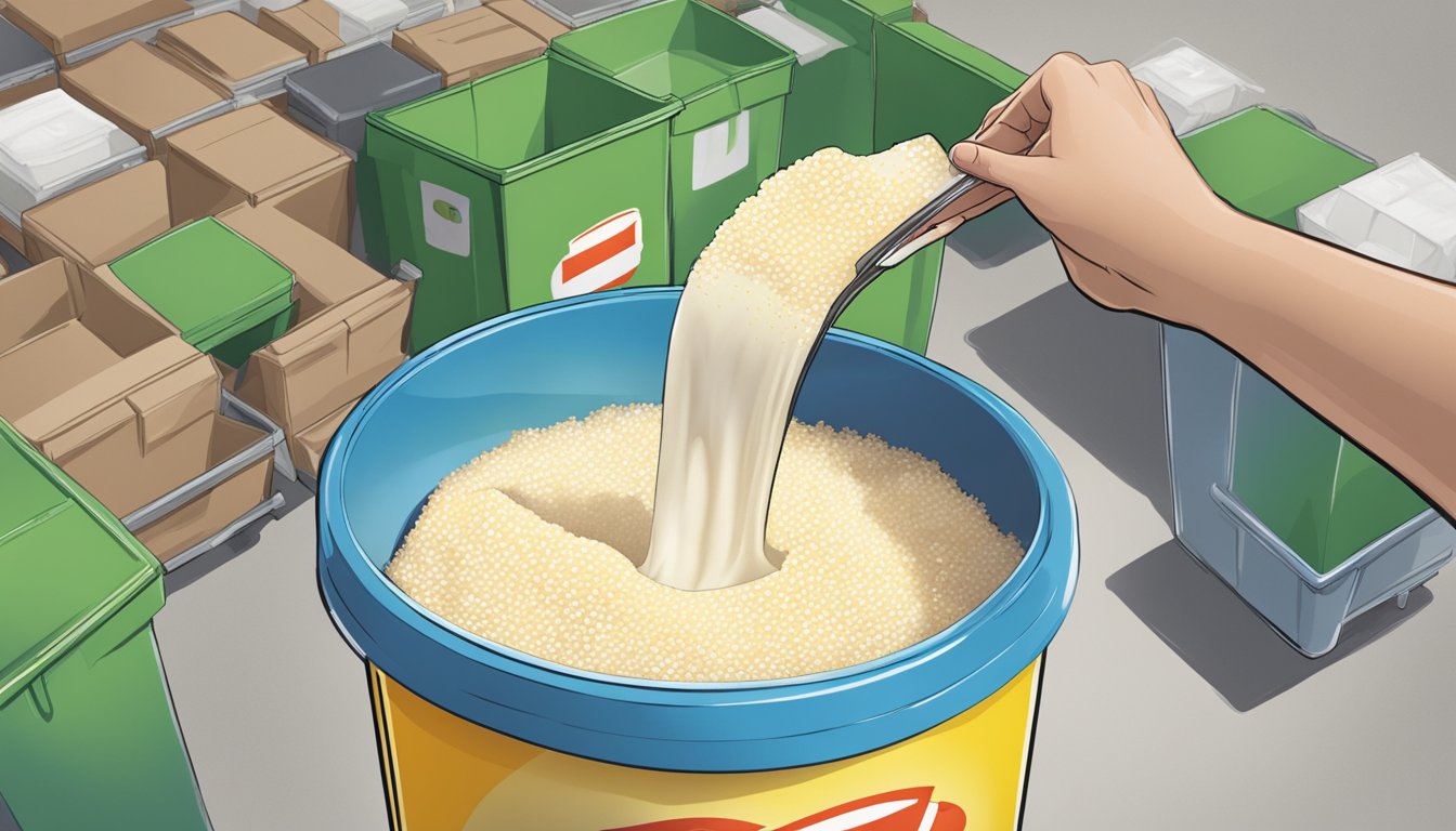 An open box of expired tapioca pudding mix being thrown into a labeled trash bin