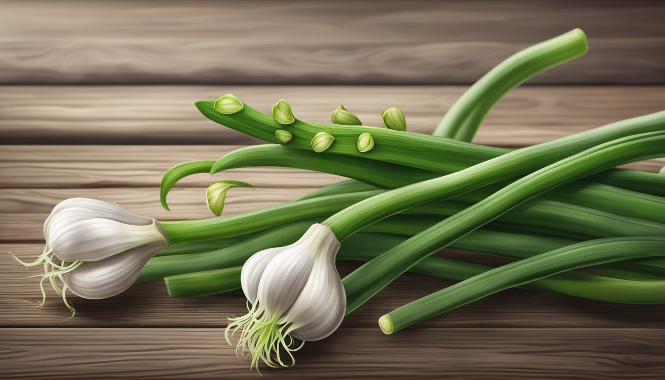 A close-up of garlic scapes with vibrant green stems and curly, pointed flower buds emerging from the top, set against a rustic wooden background