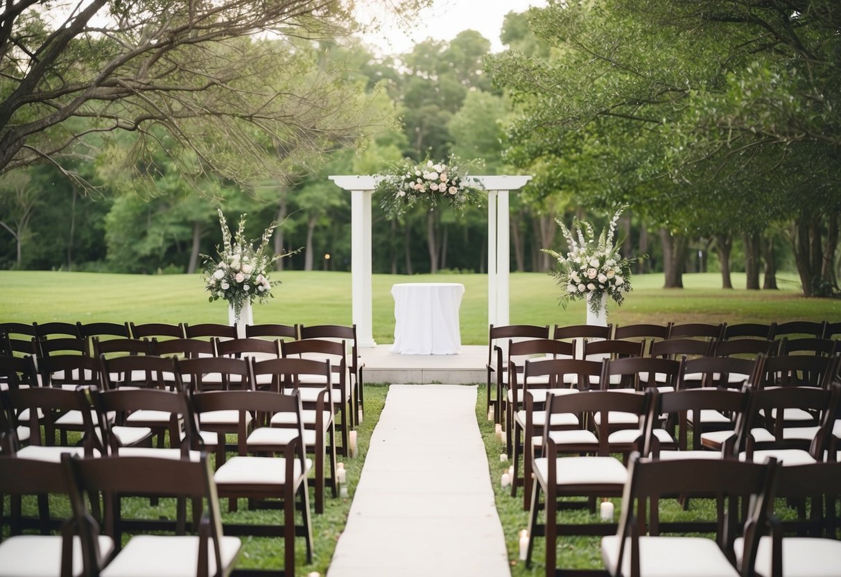 A serene outdoor wedding venue with chairs arranged in neat rows, a simple altar adorned with flowers, and a gentle breeze rustling through the trees