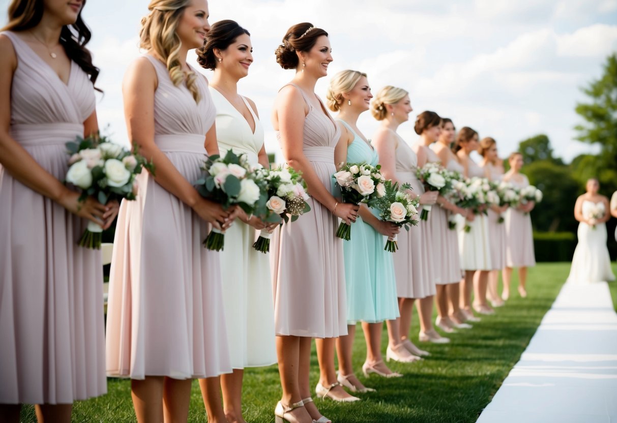 Bridesmaids stand in line, holding bouquets, as they walk down the aisle during the wedding rehearsal