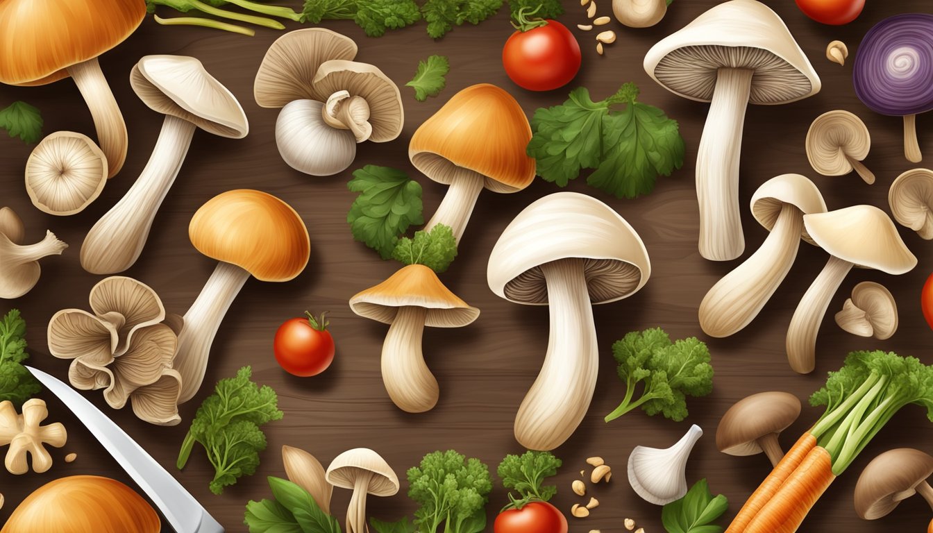 A variety of mushrooms arranged on a cutting board surrounded by fresh vegetables and grains, emphasizing their role in a balanced diet