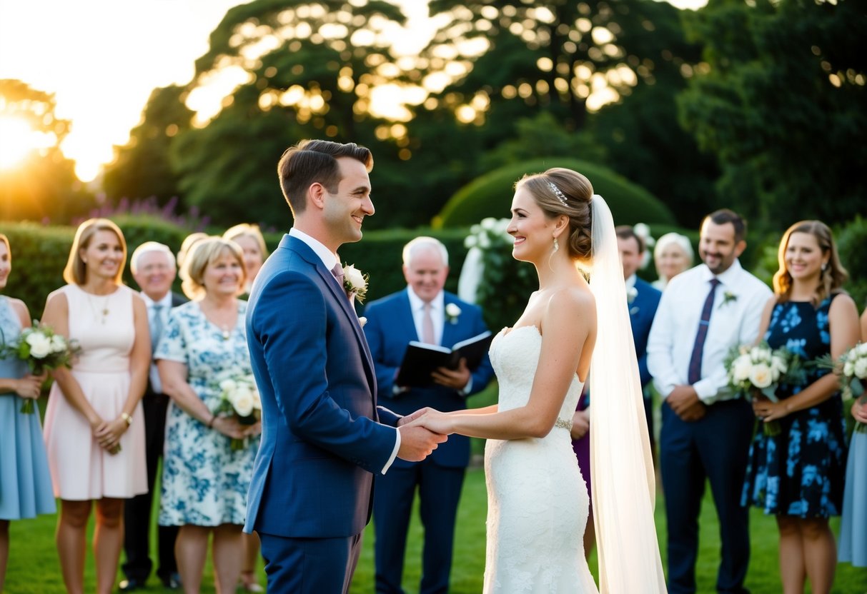 A bride and groom stand in a garden, surrounded by friends and family, exchanging vows without a rehearsal. The sun sets behind them, casting a warm glow over the scene