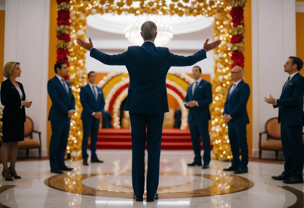 A figure stands at the front of a decorated space, directing the movements of others