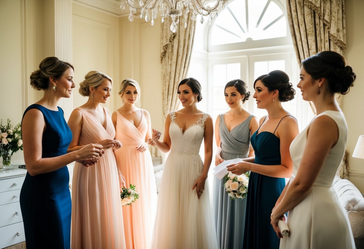Bridesmaids gather in a elegant, sunlit room, trying on dresses and discussing wedding etiquette