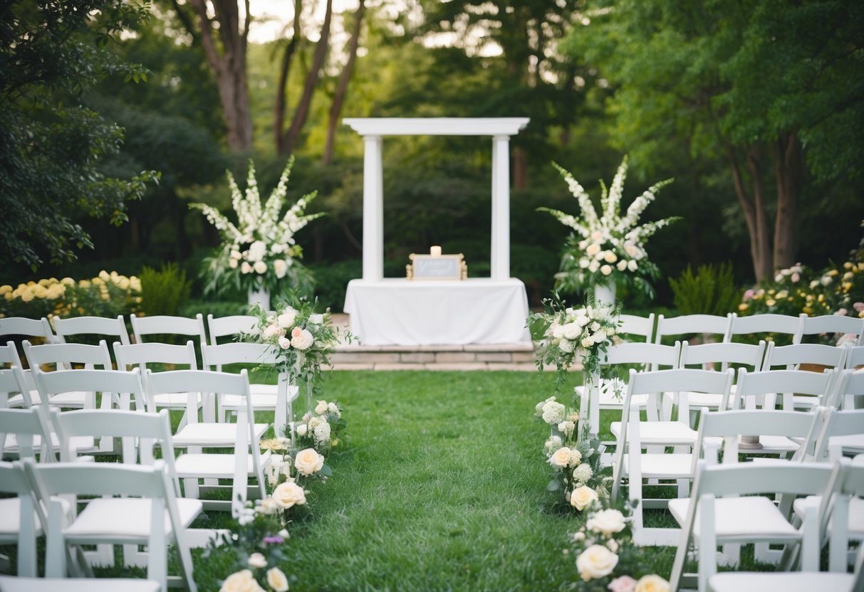 A serene outdoor wedding setting with a simple altar and rows of chairs, surrounded by lush greenery and blooming flowers