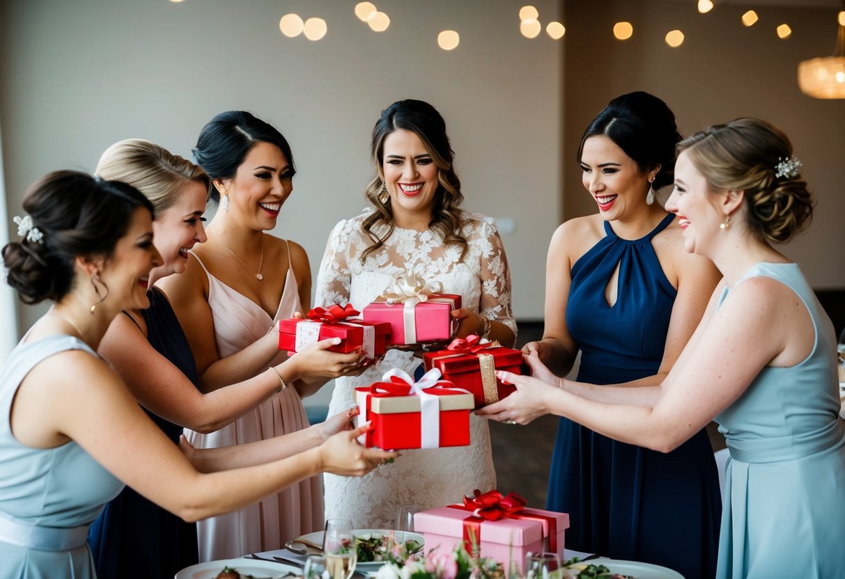 Bridesmaids exchanging gifts at the rehearsal dinner, expressing appreciation