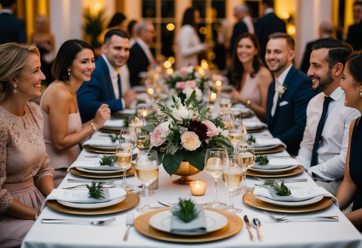 A beautifully set dinner table with elegant place settings and a floral centerpiece, surrounded by happy guests mingling and enjoying the evening