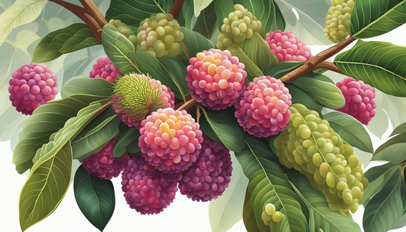 A cluster of lychees, some ripe and pink, others still green, hanging from a tree branch