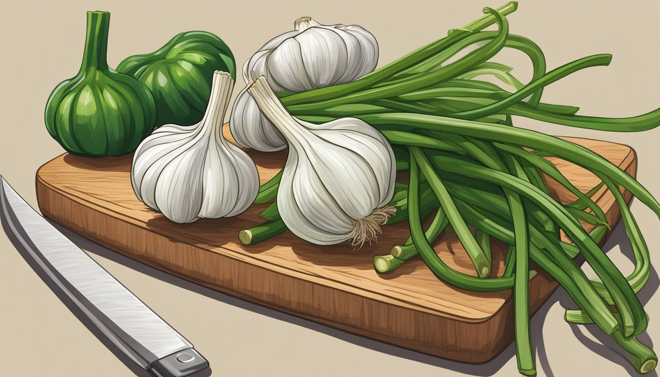 Garlic scapes on a cutting board with a chef's knife and a bowl of fresh vegetables in the background