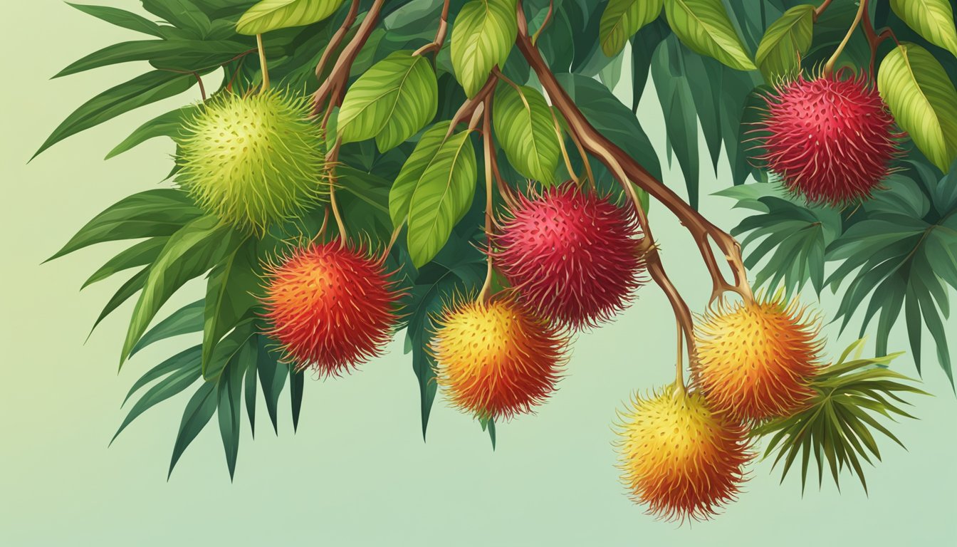 A cluster of rambutans, some ripe and red, others green and unripe, hanging from the branches of a tropical tree