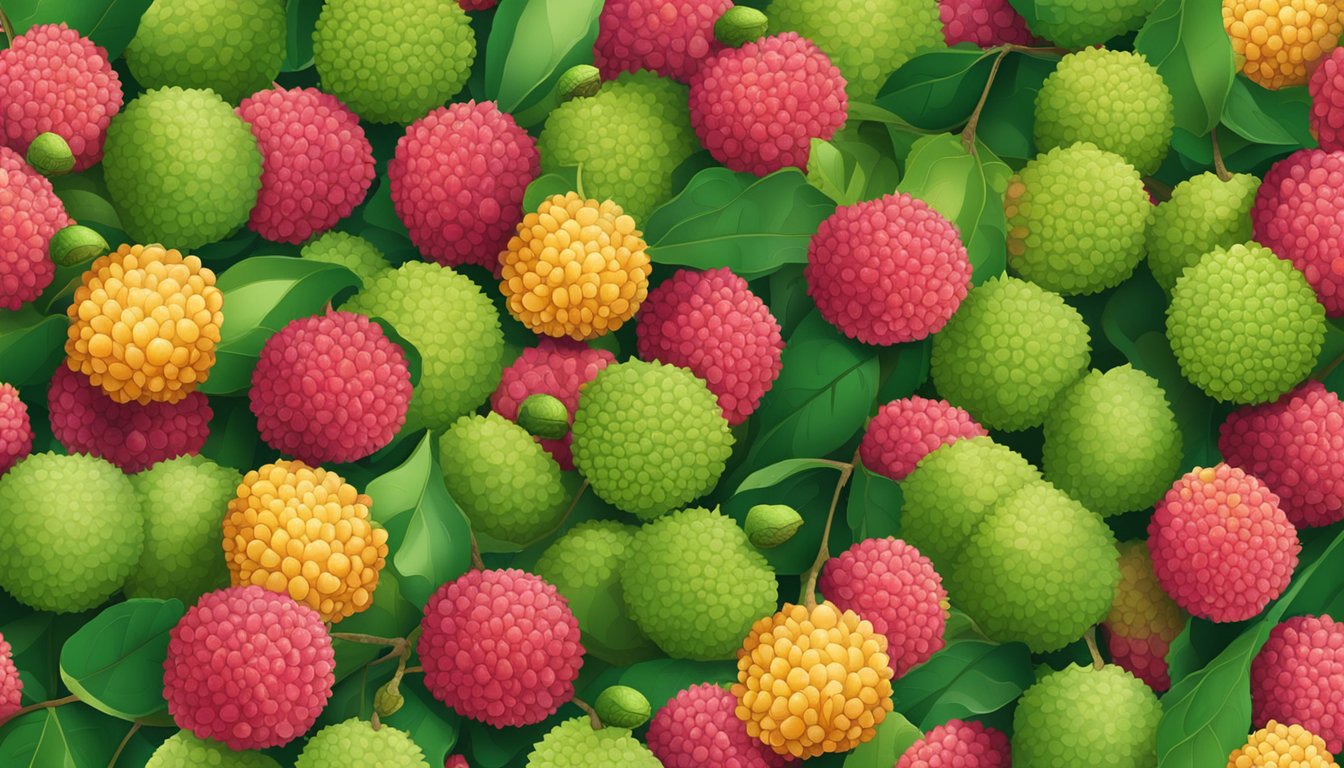 A pile of unripe lychees surrounded by warning signs and a question mark