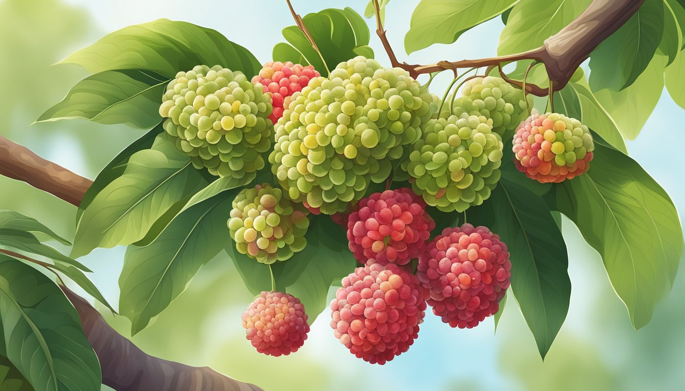 A cluster of lychees, some green and unripe, others red and ripe, hanging from a branch on a sunny day