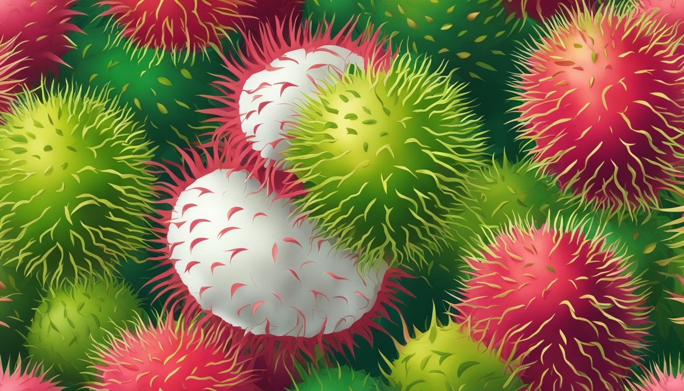 A pile of unripe rambutans with vibrant green spiky skin, some partially opened to reveal white flesh inside