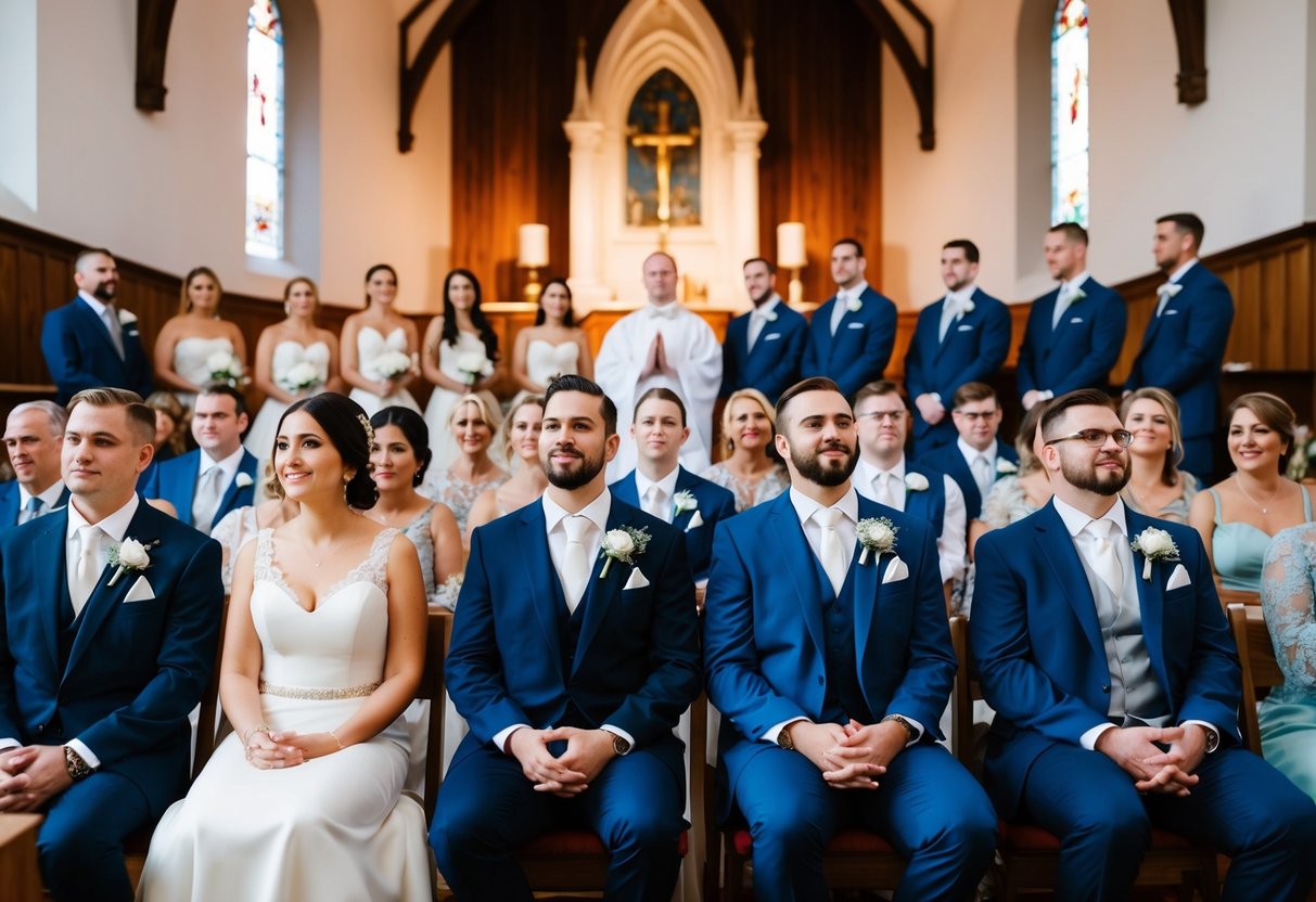 Guests sit in rows, watching as the bride and groom practice their vows at the front of the church. The wedding party stands nearby, rehearsing their roles
