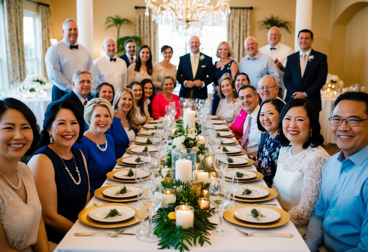 A festive table set with elegant dinnerware and decorations, surrounded by joyful family members and friends, signifies the bride's family hosting the rehearsal dinner