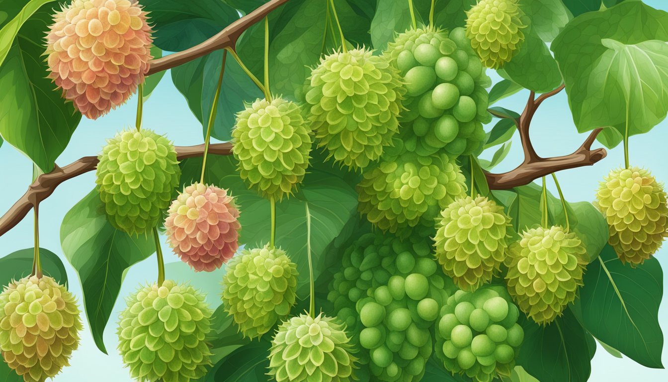 A cluster of unripe lychees hanging from a branch, with green, spiky skin and a firm texture