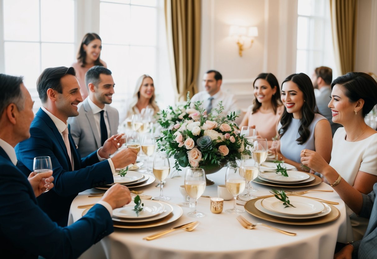 A table set with elegant dinnerware and floral centerpieces, surrounded by happy guests conversing and enjoying a meal together