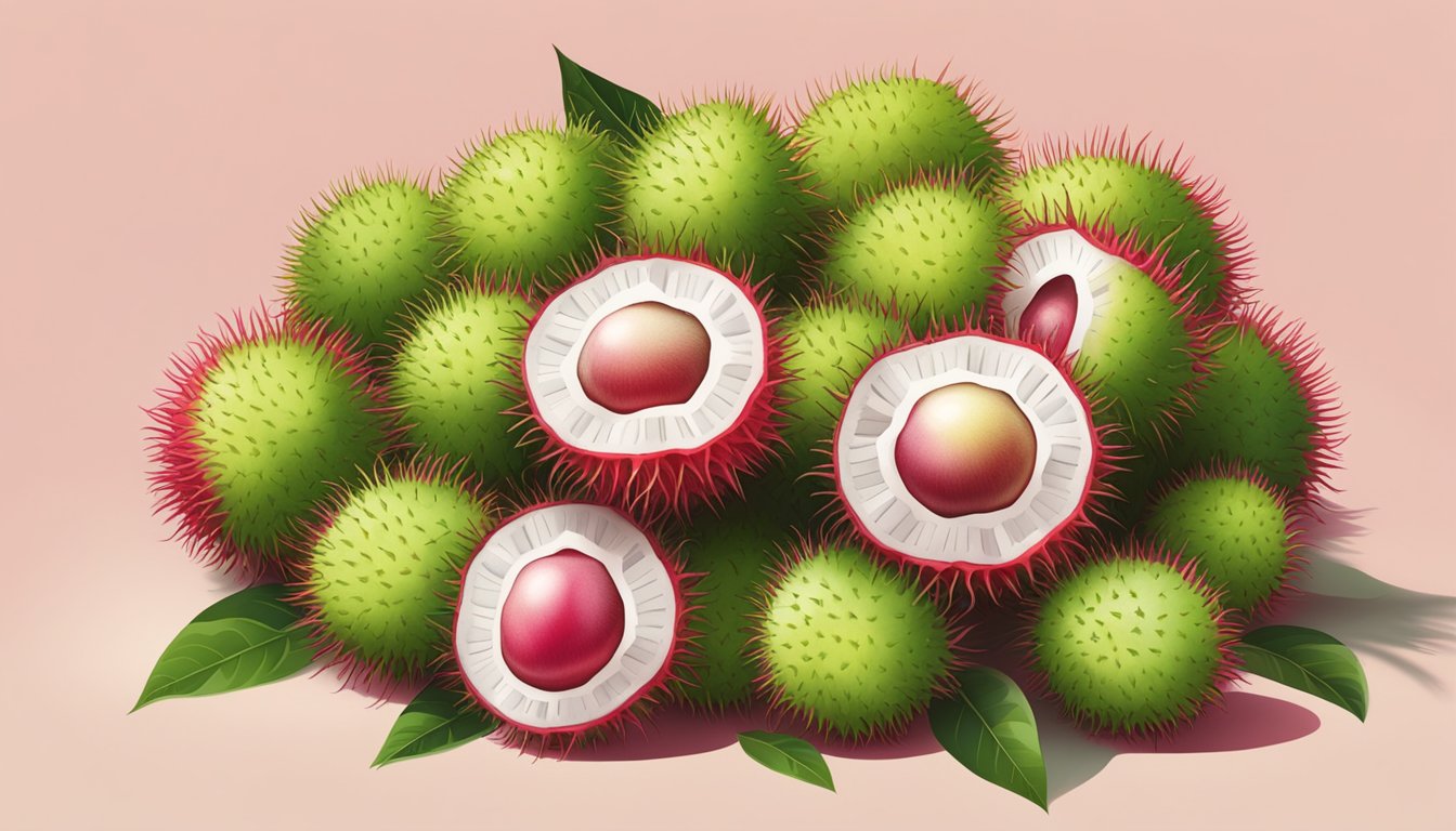 A pile of unripe rambutans with green, spiky skin and a few open to reveal the white, sour flesh inside