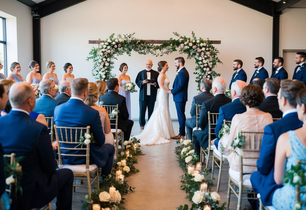 Guests seated in rows, couple at front, exchanging vows. Officiant overseeing ceremony. Floral arrangements and decorations adorning the space