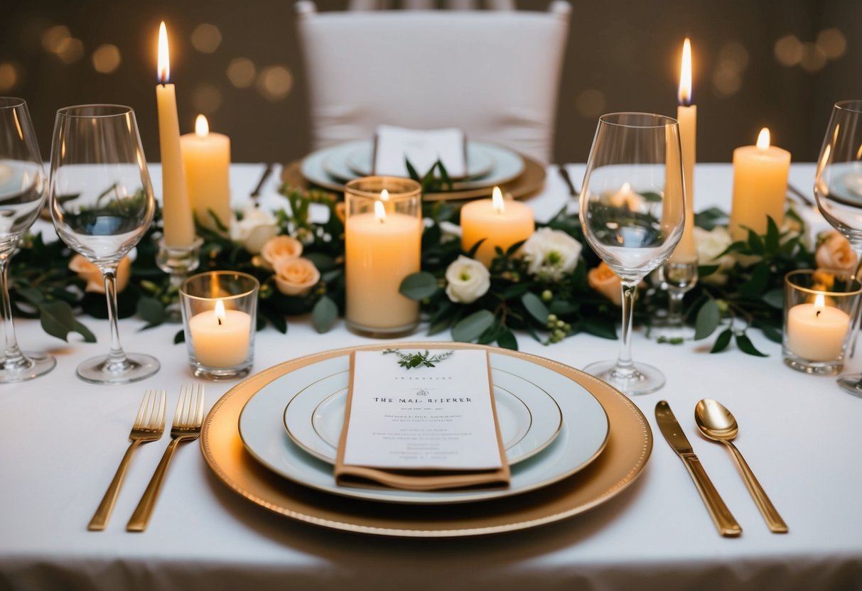 A table set for a formal dinner with elegant place settings, surrounded by candles and flowers, with a subtle wedding theme