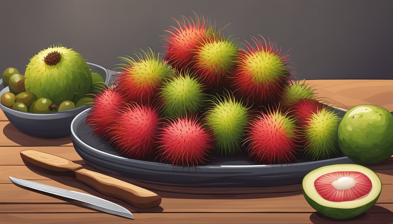 A pile of ripe and unripe rambutans, some partially peeled, on a wooden cutting board next to a knife and a bowl of fruit salad