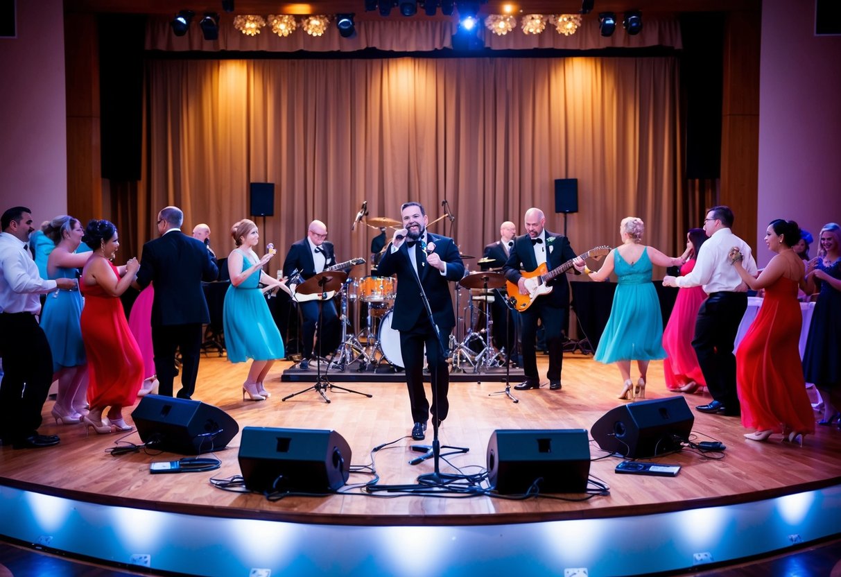 A wedding band performing on stage, surrounded by dancing guests, with instruments and microphones set up on a well-lit platform