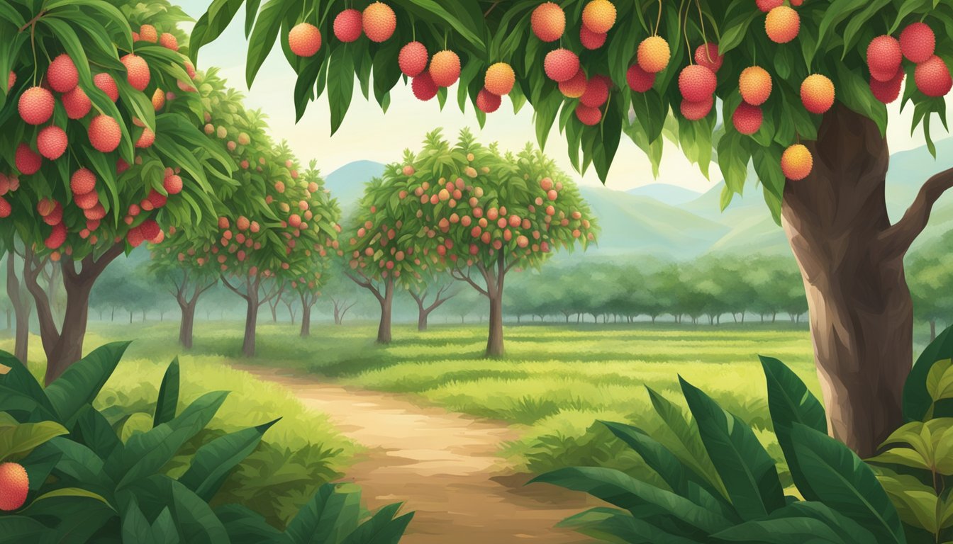 Lush lychee orchard with ripe and unripe fruit hanging from branches, farmers harvesting and inspecting the fruit