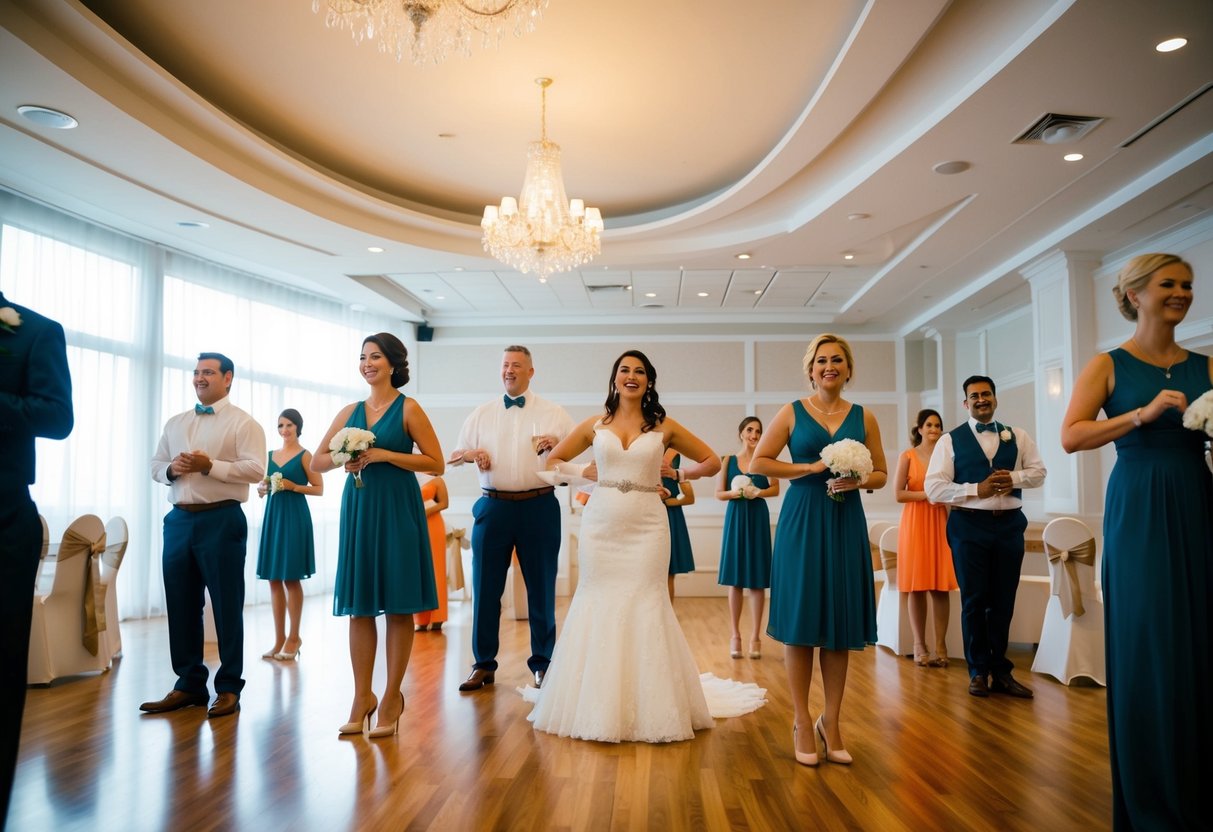 A group of people stand in a wedding venue, practicing their roles and movements for the upcoming ceremony. The atmosphere is lively and focused
