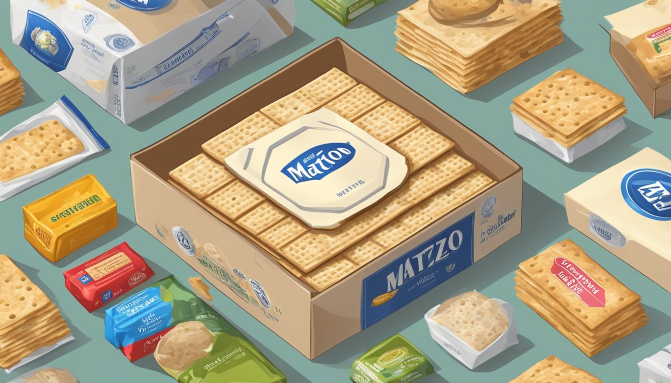 A box of matzo with expiration date visible, surrounded by various food items