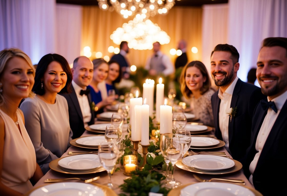 A table set with elegant dinnerware and candles, surrounded by happy guests. The atmosphere is warm and inviting, with a sense of celebration in the air